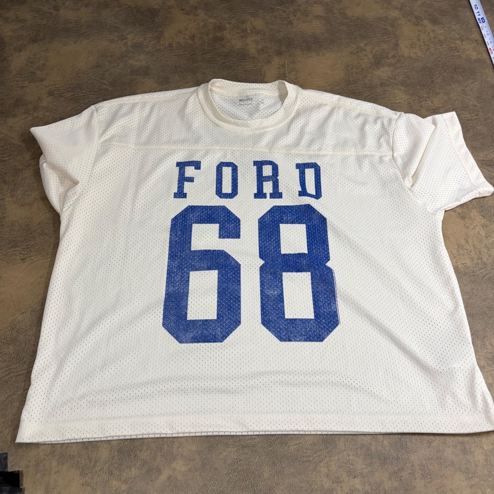Hollister Mesh Jersey Top Mens XL White Ford 68 Boxy Crop Fit Short Sleeve